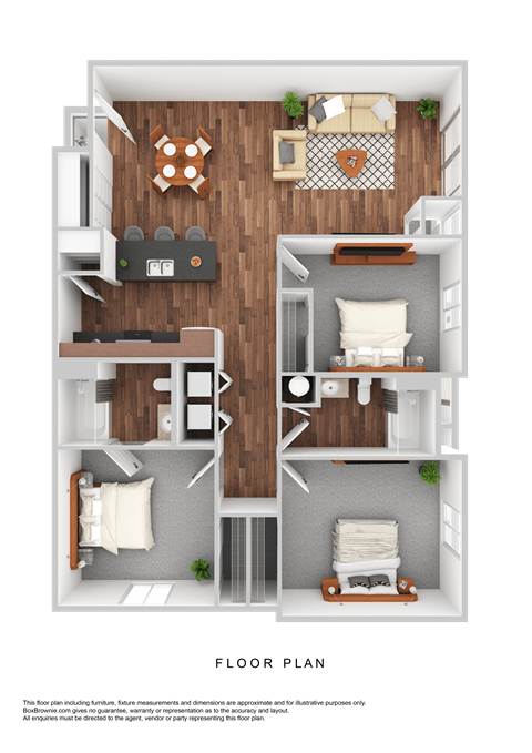 A detailed 3D floor plan of a small apartment layout.